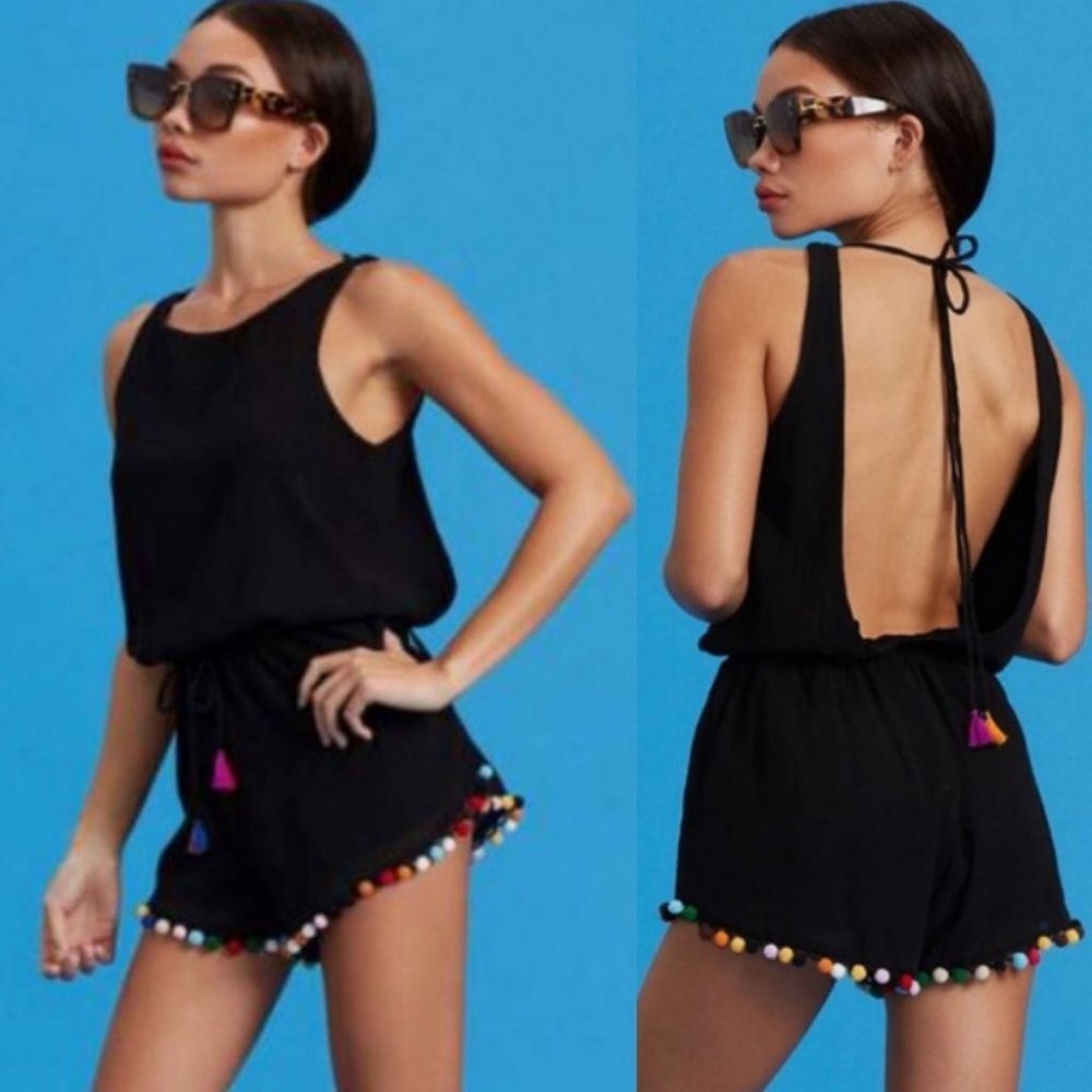 Revolve Majorelle Pier Backless Romper Pom Poms Size Small Playsuit Bohemian S